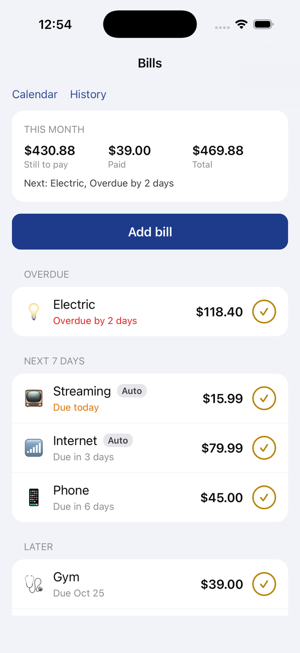 Bill Reminder home screen with this month's totals, an overdue electric bill and bills due in the next 7 days