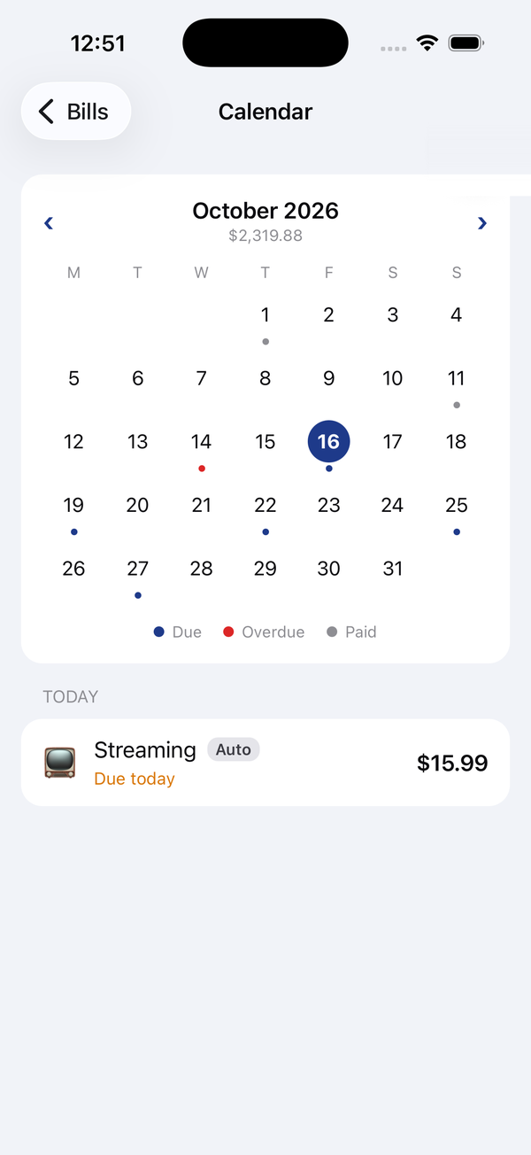 Bill Reminder calendar for October 2026 with markers on due dates