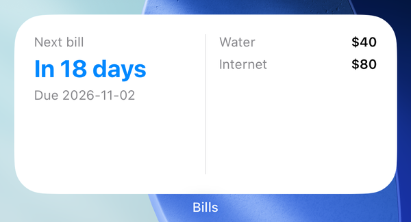 Bill Reminder widget showing the next bill due in 18 days with two more bills listed