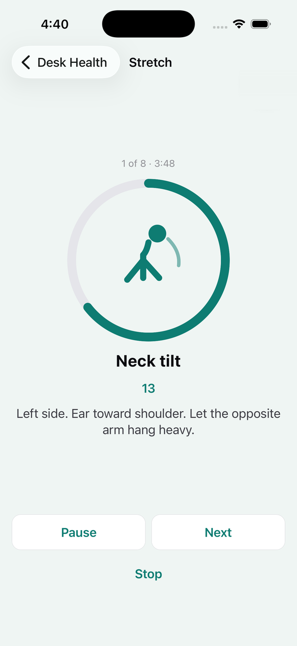 Desk Health stretch routine on the neck tilt step with a circular countdown