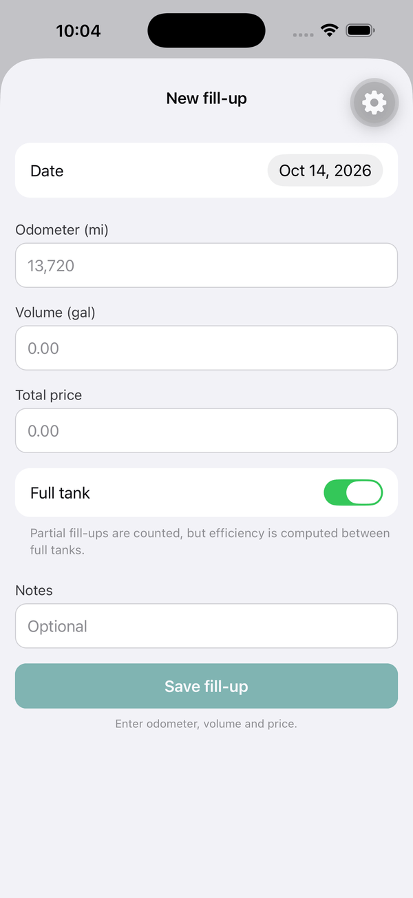 Fuel Log new fill-up screen with fields for date, odometer, volume, total price and a full-tank switch