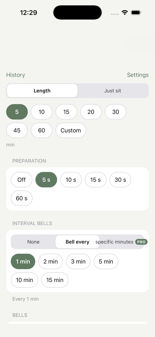 Meditation Timer setup screen with length presets, a preparation countdown and interval bell options