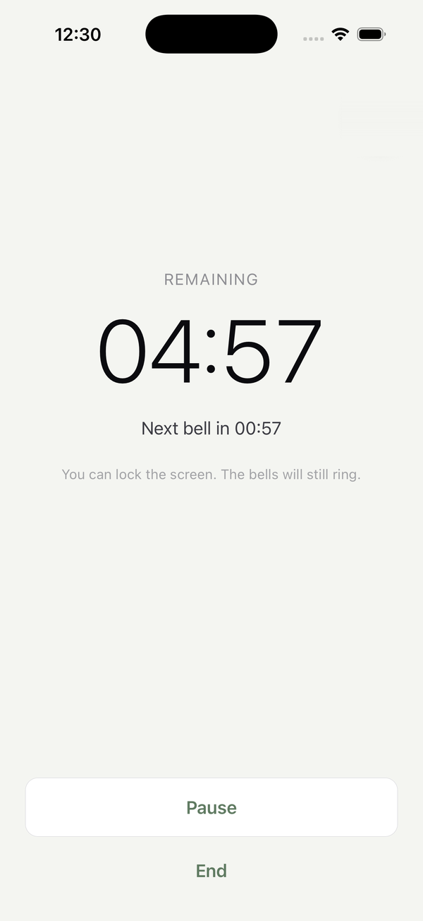 Meditation Timer running with 4 minutes 57 seconds remaining and the next bell in 57 seconds