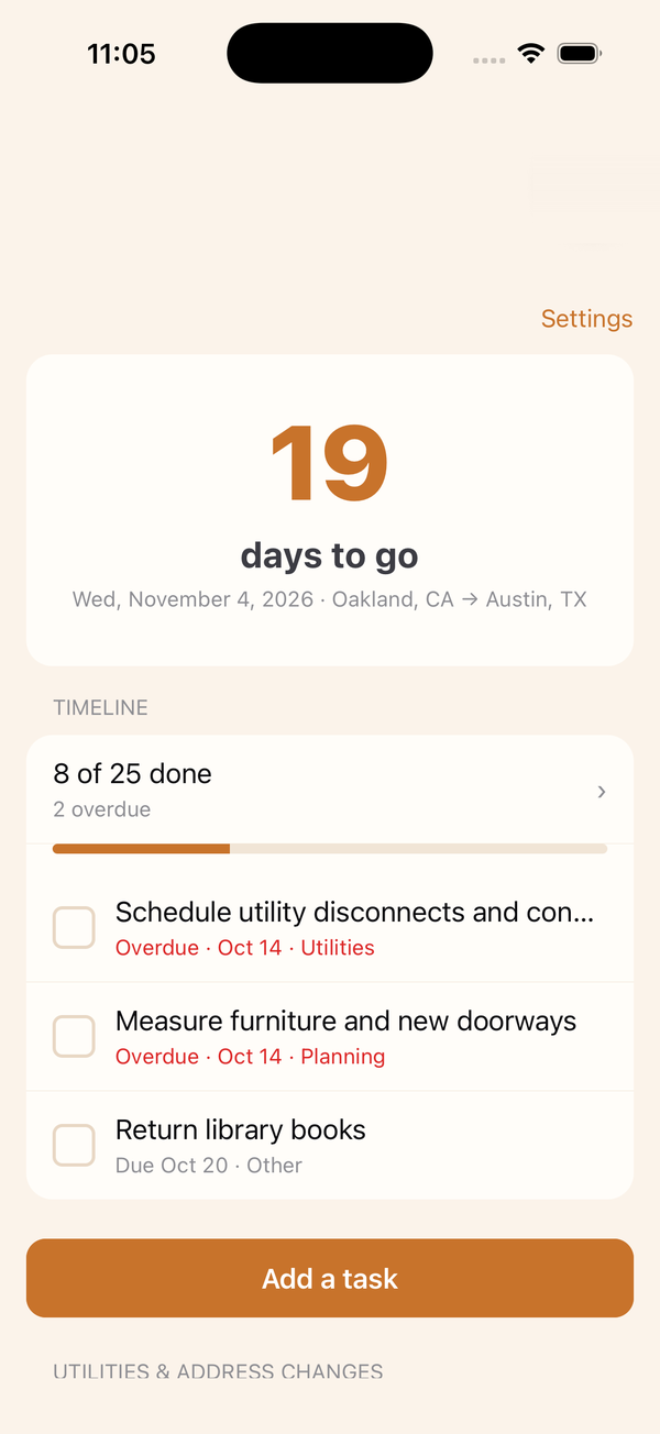 Moving Checklist home screen with 19 days to go, the move from Oakland to Austin and timeline progress