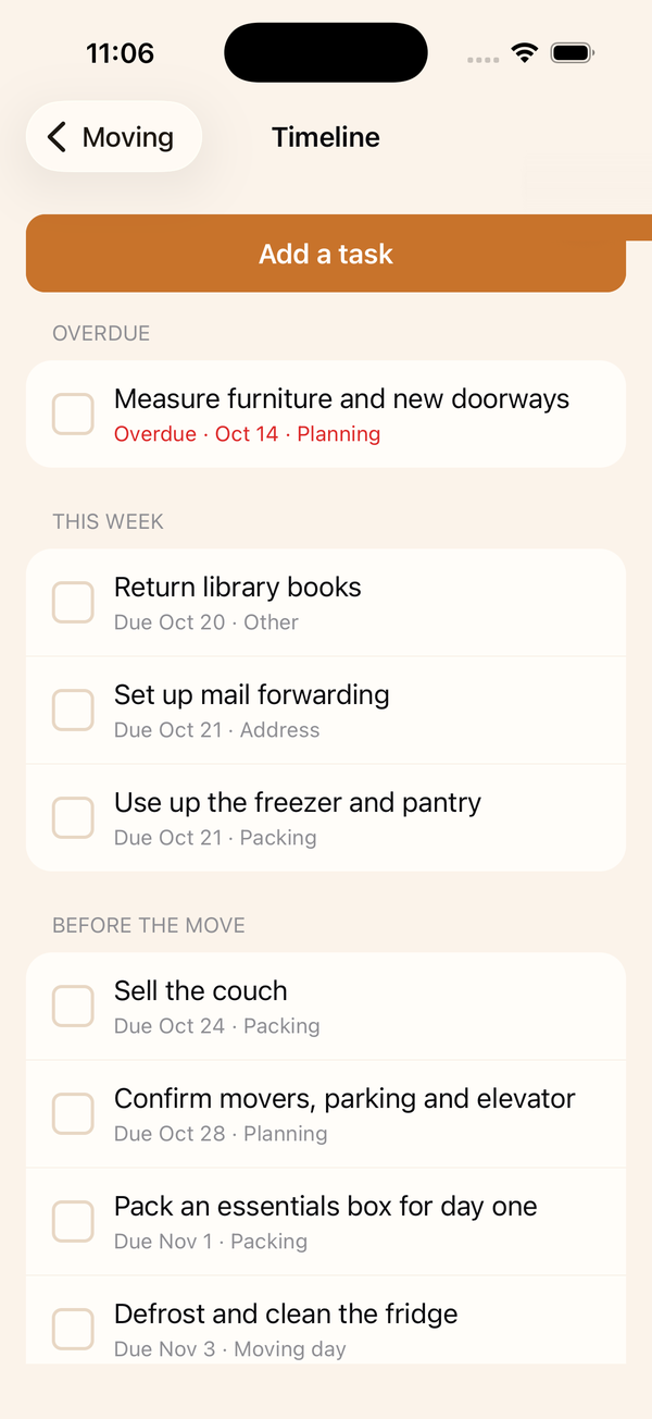 Moving Checklist timeline with overdue tasks and tasks for this week, each with a due date and category
