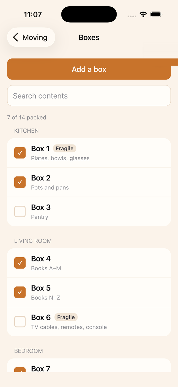 Moving Checklist boxes grouped by room with contents, fragile tags and packed checkmarks