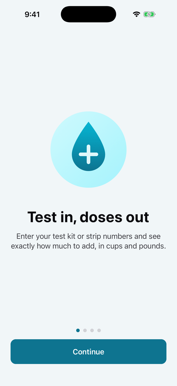 Pool Calculator welcome screen with the heading Test in, doses out