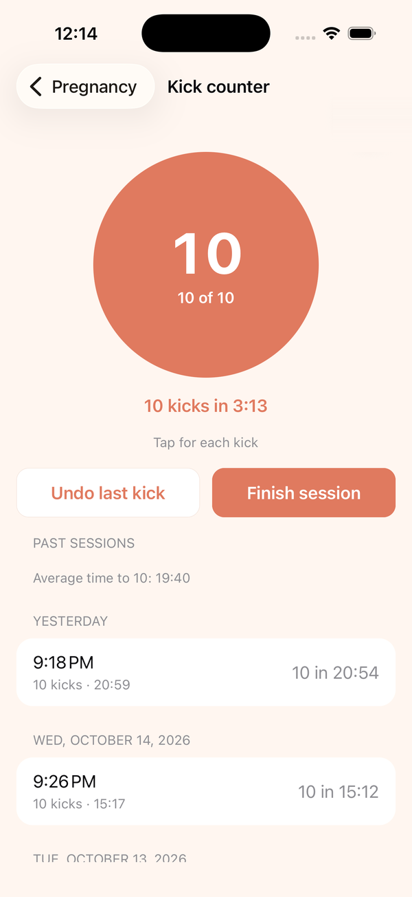 Pregnancy Tools kick counter showing 10 kicks in 3 minutes 13 seconds with past sessions below