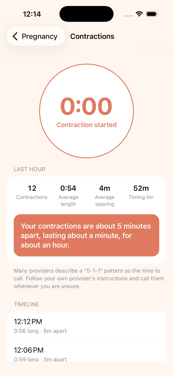 Pregnancy Tools contraction timer with last-hour stats and a timeline of contractions