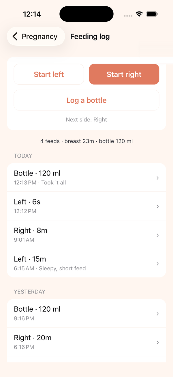 Pregnancy Tools feeding log with start left and start right buttons and today's feeds