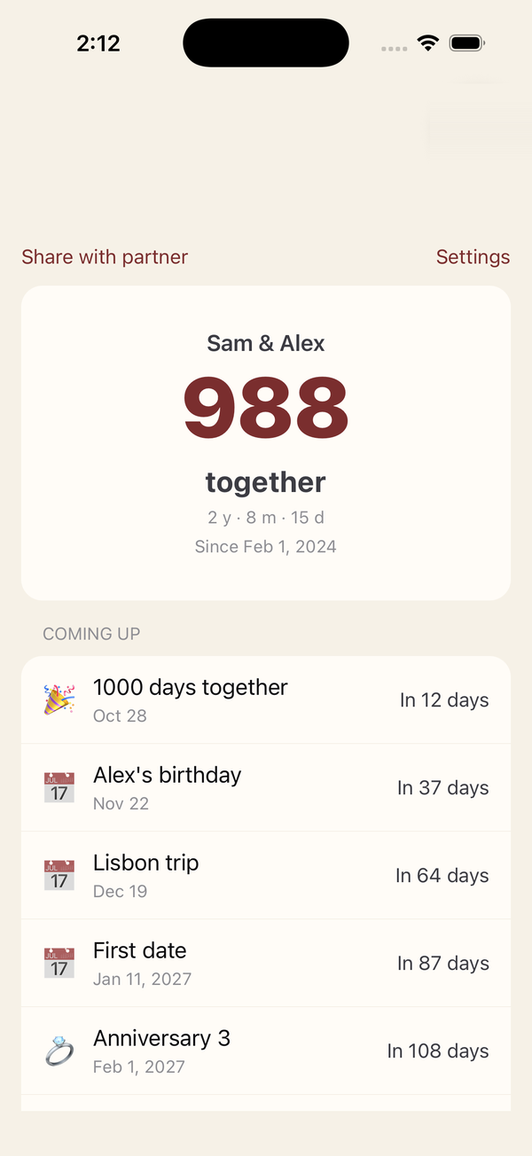 Relationship Counter home screen showing 988 days together and upcoming milestones and dates