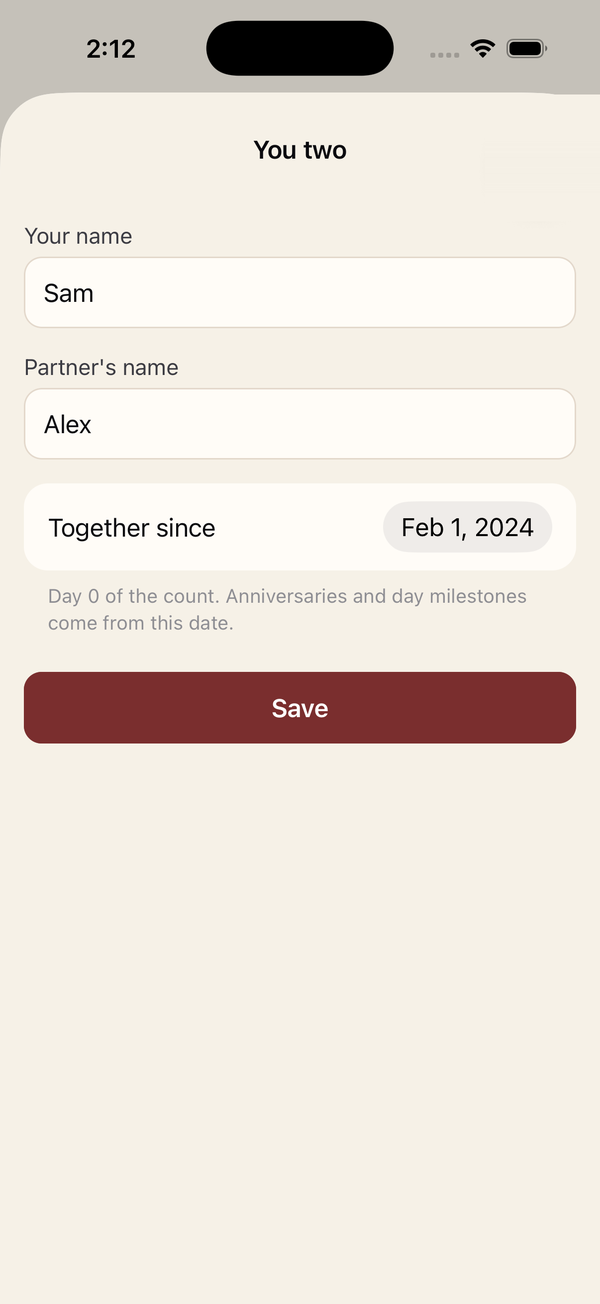 Relationship Counter edit screen with both names and the date you got together