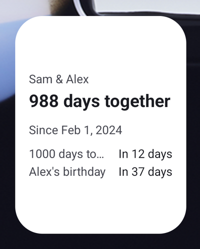 Relationship Counter Android widget reading 988 days together with two upcoming dates