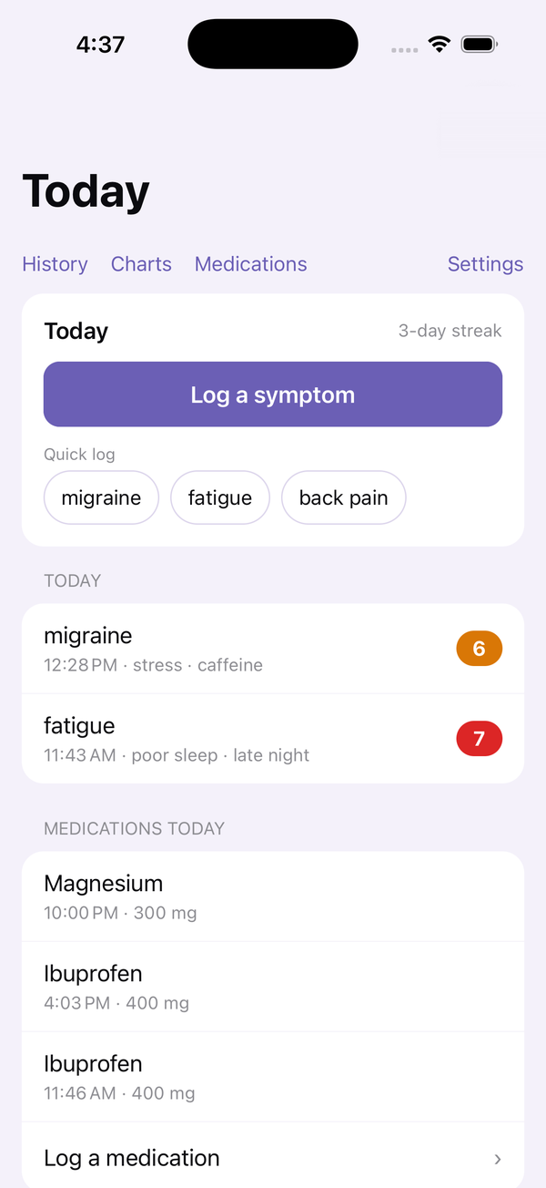 Symptom Tracker home screen with a 3-day streak, quick-log shortcuts, today's entries and medications