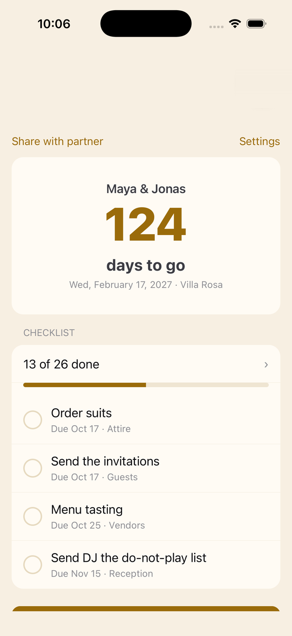 Wedding Countdown home screen with 124 days to go, checklist progress and the next tasks