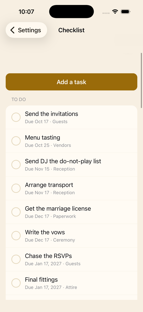 Wedding Countdown checklist with tasks such as sending invitations and menu tasting, each with a due date
