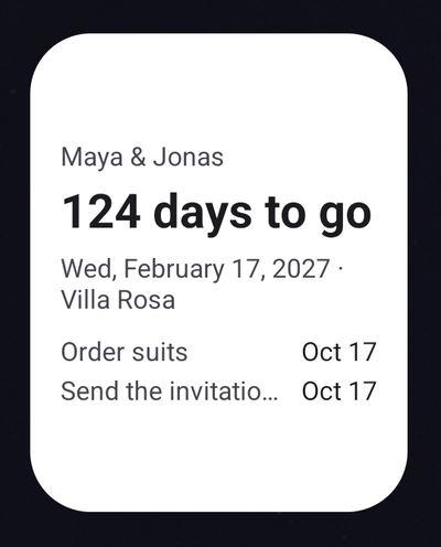 Wedding Countdown Android widget reading 124 days to go with the date, venue and next two tasks
